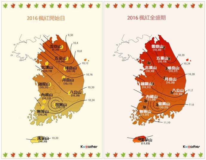 2016年韓國楓葉預測期 (2016년 단퐁 예상 시기) 2016 Korea Red Maple Forecast Schedule